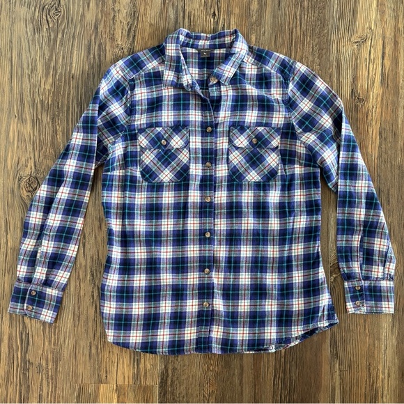 Eddie Bauer Button Up L/S Flannel Shirt Womens Large Purple Blue Red White Plaid - Picture 1 of 10